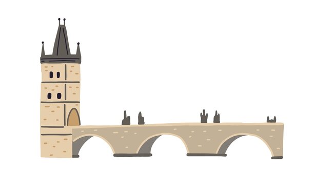 Stone Charles bridge with tower and statues in Prague. Medieval Gothic architecture of Czech Republic. Colored flat vector illustration of popular European landmark isolated on white background