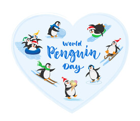 Fototapeta na wymiar Vector illustration with lettering World Penguin Day in the heart shape. Seven funny penguins in cartoon style on skates, on skis, on a sleigh, on tube, with a snowball, with ice cream.