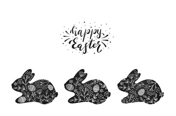 Easter Rabbits with Floral Elements on Black Background