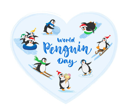 Vector illustration with lettering World Penguin Day in the heart shape. Seven funny penguins in cartoon style on skates, on skis, on a sleigh, on tube, with a snowball, with ice cream.