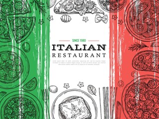 Italian food banner. Restaurant menu, vegetables and spaghetti sketch. Italy cuisine, lunch poster with pizza pasta ravioli vector design