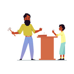 Father teaches his child about carpentry, flat vector illustration isolated.