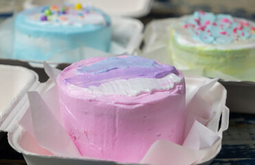 Korean Lunch Box Cake with pastel colors decoration. Selective focus.
