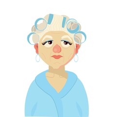 An elderly woman in a dressing gown and curlers. Home clothes. Grandmother. Vector illustration
