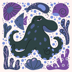 Octopus hand drawn illustration. Square cartoon poster of grey ocean animal with purple sea plants, blue fish, shell. Childish t shirt print, cover design. Flat isolated vector. Color elements set