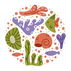 Undersea world round illustration. Hand drawn nautical elements set. Cartoon ocean plants, coral, fish, shell. Flat vector or sticker, poster, print, white background. Red, purple, green color