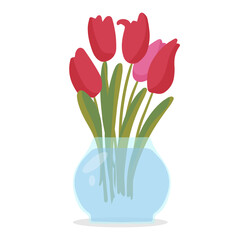 A greeting card. Bouquet of red tulips with leaves in a round glass vase. Isolated on a white background. Flowers are the best gift for any holiday. Flat vector illustration