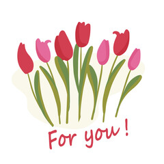 Greeting card. Red tulips for your favorite woman or girlfriend. Flowers are the best gift for any holiday. Flat vector illustration