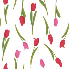 Seamless Botanical Pattern. Red tulip flowers with leaves. Vector background for paper, textile, cover or home decor