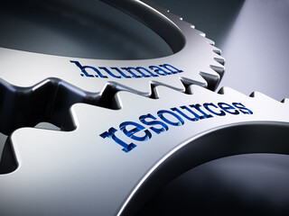 Two gears in motion with human resources text. 3D illustration
