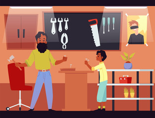 Father and son at carpentry workshop doing some flat vector illustration.