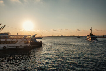 Ships in sea with sunset sky at background, Istanbul, Turkey
