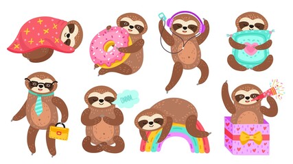 Sloth characters. Isolated sloths, lazy funny cartoon animal reading. Sleep on colorful rainbow, baby meditation dancing exact vector set © MicroOne