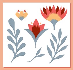 Fototapeta na wymiar Stylized floral elements isolated. For creating patterns and decorating designs. Petrikovskaya painting. Vector illustration