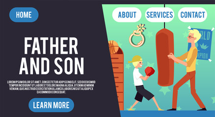 Father and son website banner with parent and child flat vector illustration.