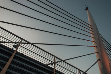 Low angle view of Golden horn metro bridge construction in evening, Istanbul, Turkey