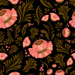 Seamless pattern in folk style. Petrikovskaya painting. Sign painting. Russian and Ukrainian national ornament. Vector illustration