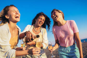Friends having fun with champagne at celebration on beach
