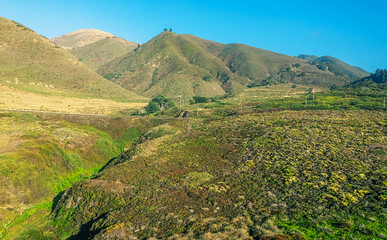 Obraz premium Aerial view from drone, beautiful landscape on Pacific Highway 1, travel south to Los Angeles, Big Sur, California. Concept, vacation, tourism