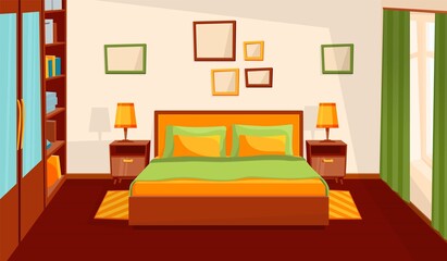 Cozy bedroom interior. Comfort room, flat cartoon living apartment with window. Sleep furniture, modern bed table mirror recent vector illustration