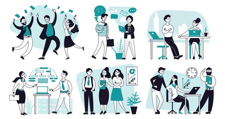 Office scenes. Business people characters, outline woman presenting project. Cartoon person communication, research or meetings decent vector set