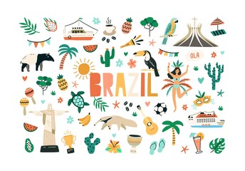 Colorful set of Brazilian culture and nature. Bundle of Brazil national symbols isolated on white background. Colored flat vector illustration of animals, plants, statues and food of Brasil - obrazy, fototapety, plakaty