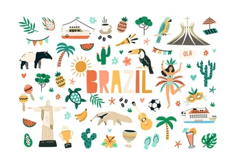 Fotobehang Colorful set of Brazilian culture and nature. Bundle of Brazil national symbols isolated on white background. Colored flat vector illustration of animals, plants, statues and food of Brasil © Good Studio