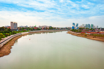 Obraz premium Kuban river, Krasnodar city aerial skyline