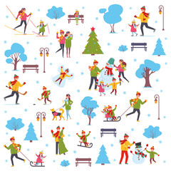 Winter in the city season background people characters. Winter outdoor activities gorizontal banner. Flat vector illustration isolated on white