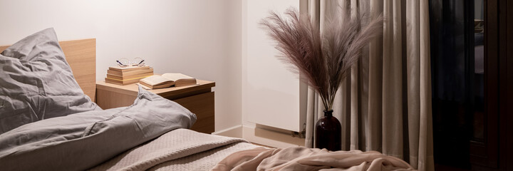 Stylish decorations in bedroom, panorama