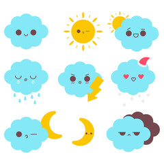Weather icons with cloud and sun vector cartoon set isolated on a white background.