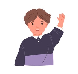 Smiling child waving with hand and saying hi. Portrait of boy with happy face greeting smb. Little kid from kindergarten or elementary school. Flat vector illustration of schoolboy isolated on white