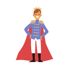 Cartoon prince in crown and royal costume with red cape