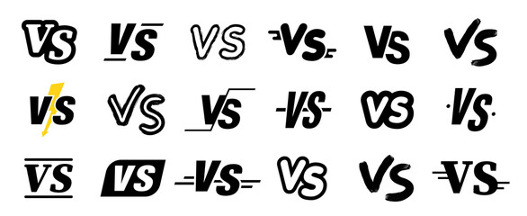 Set of VS versus letters icons set. Versus battle elements. VS letters symbols. Battle, confrontation, together, standoff, versus, match, game, final fighting. Vector illustration.