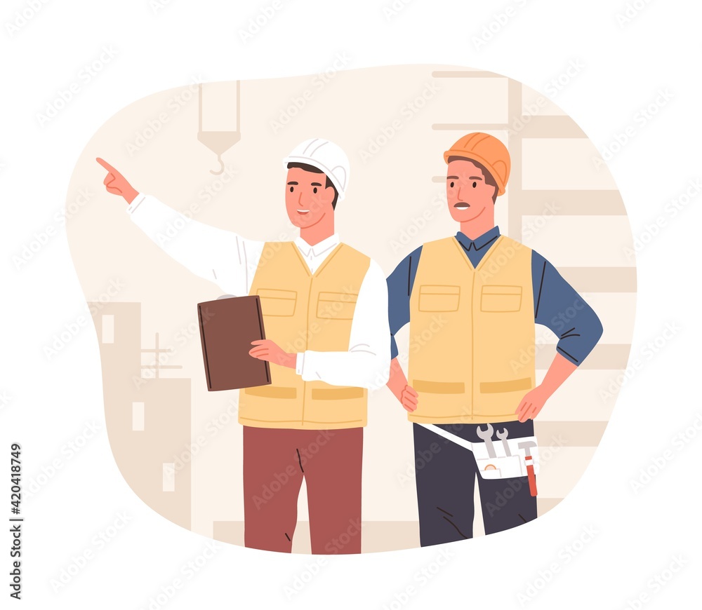 Poster Inspector and foreman in hardhats at construction site. Supervisor or manager controlling building process. Colored flat vector illustration of workers in hard hats isolated on white background