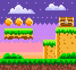 Pixel-game background with coins in the sky. Pixel art game scene with green grass and wooden chest
