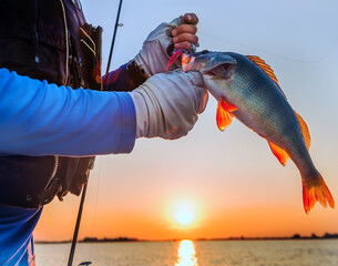 hands of a fisherman with a caught fish perch at dawn on a pond.