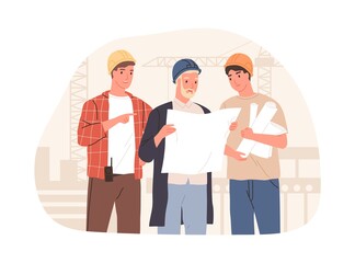 Fototapeta premium Inspector, manager and foreman discussing building project at construction site. Architect engineer holding real estate drawing. Colored flat vector illustration isolated on white background
