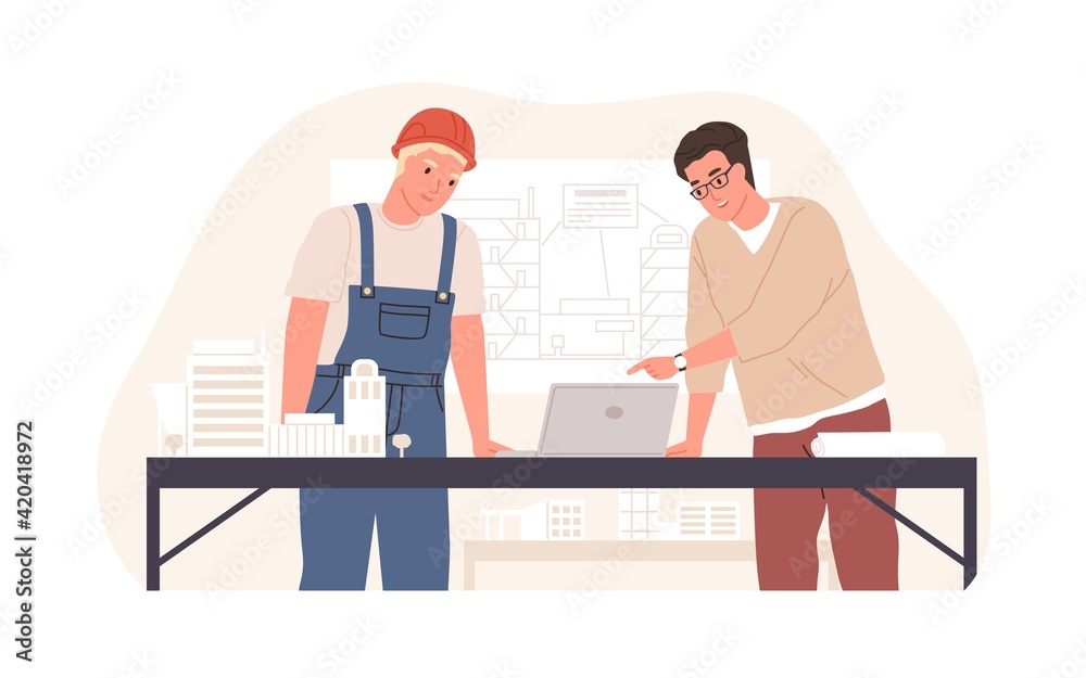 Poster Construction engineer and foreman in hard hat discussing and working on building project at table with laptop, layouts and drawings. Colored flat vector illustration isolated on white background