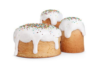 Traditional decorated Easter cakes on white background