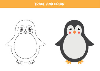 Trace and color cute penguin. Worksheet for kids.