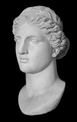 Ancient white marble sculpture head of young woman. Statue of sensual renaissance art era woman antique style. Face isolated on black background © Ruslan Gilmanshin