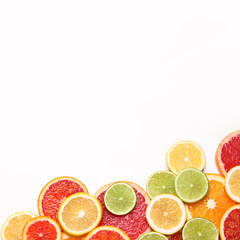 Fototapeta na wymiar Fresh juicy citrus fruits on white background, flat lay. Space for text