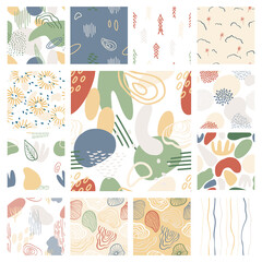Naklejka na ściany i meble Abstract pattern with organic shapes in pastel colors mustard yellow, pink. Organic background with spots.