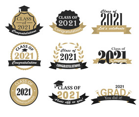 Black and gold graduation 2021 badges, signs and symbols with graduation cap, fireworks and petards. Vector illustration