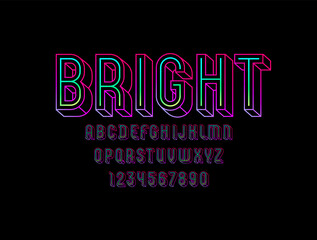 3D Font from vibrant color, trendy modern bright alphabet, contour condensed letters and numbers, vector illustration 10eps