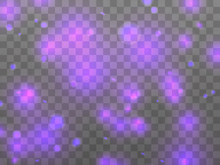 Glowing light on a transparent background. Glowing particles violet color, magic glow. Sparkling light. Star dust. Design a template for banner, poster and greeting cards. Vector illustration