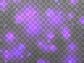 Glowing light on a transparent background. Glowing particles violet color, magic glow. Sparkling light. Star dust. Design a template for banner, poster and greeting cards. Vector illustration
