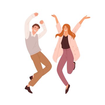 Couple of happy people dancing and jumping. Successful workers celebrating victory. Man and woman having fun together. Colored flat vector illustration of winners isolated on white background