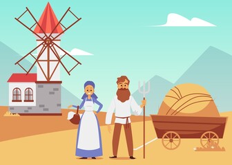 Vector illustration of medieval landscape with windmill, peasants and hay cart © sabelskaya
